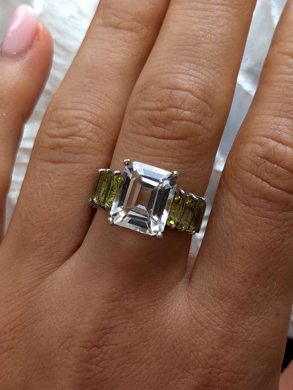 925 Sterling Silver White Clear Tourmaline & Peridot Stones Ring Size 9